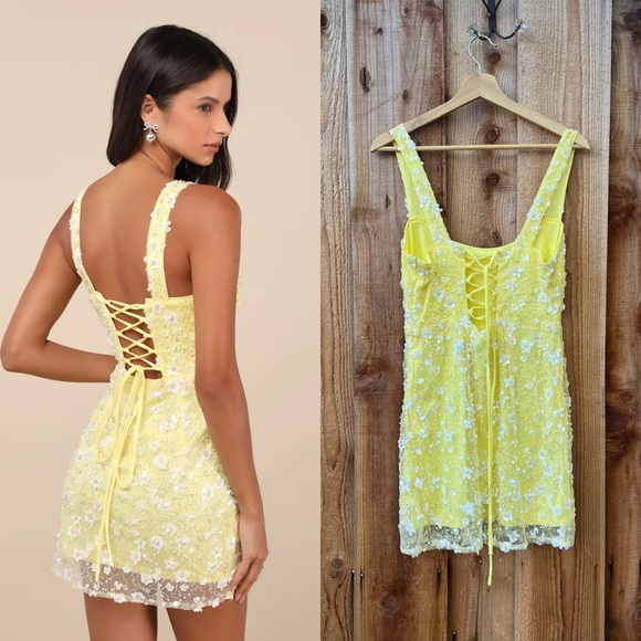 Lulus Dresses & Skirts - Yellow Sequin Flowers Beaded Bodycon Mini Dress 🌿
